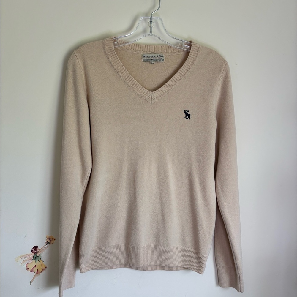 Abercrombie & Fitch 100% Cashmere V-Neck Sweater Cream Tan Minimalist Size XL